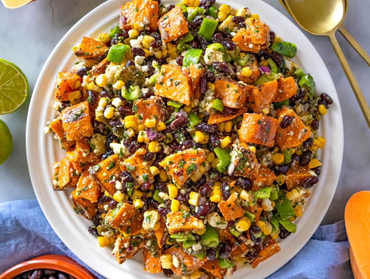 Step 5 Finished black bean corn salad served on a platter with cilantro lime dressing ready to serve