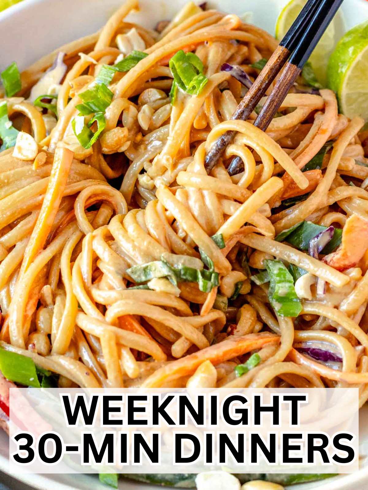 45 degree angle of easy 30-minute dinners with peanut noodles.