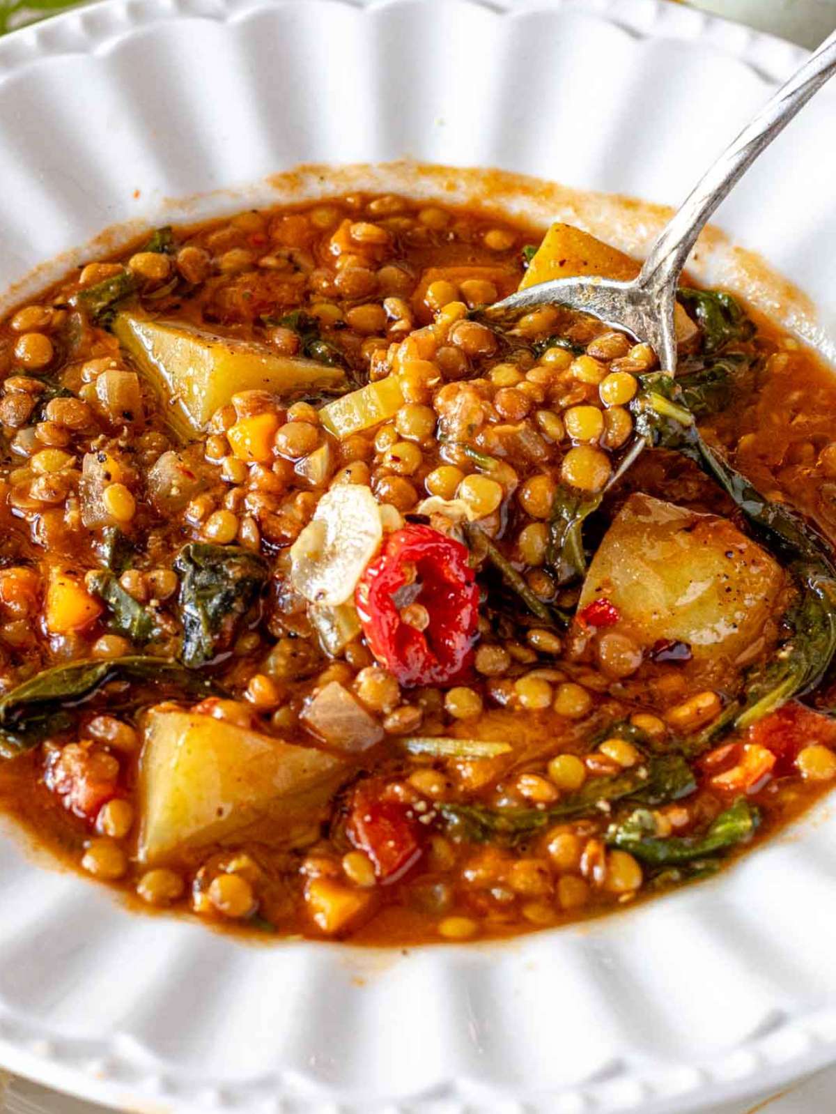 Close up of Mediterranean lentil soup with spinach and potatoes in white bowl.