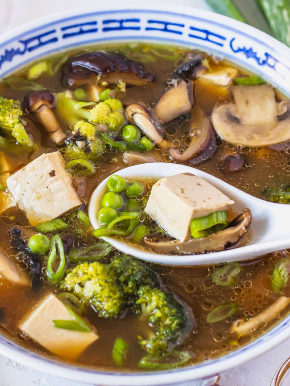 Close up of tofu mushroom soup with shiitake mushrooms tofu cubes and fresh green vegetables.