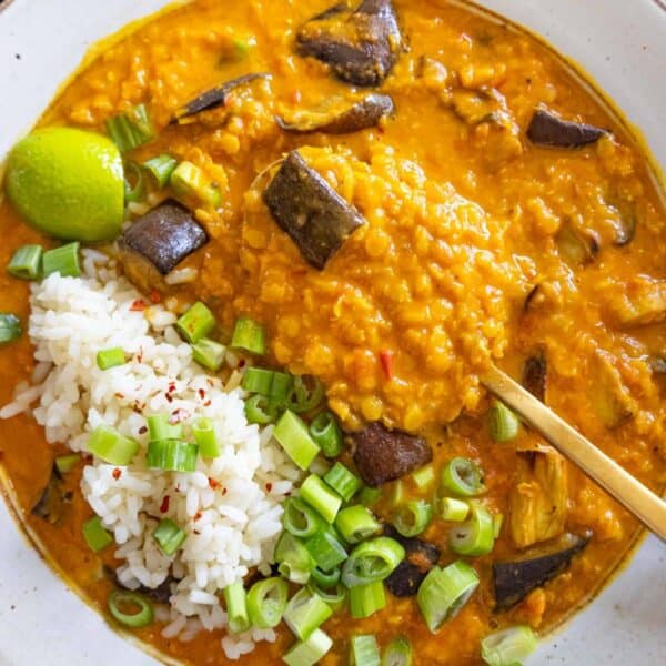 Creamy red lentil and eggplant curry in a bowl with fresh herbs and rice on top.