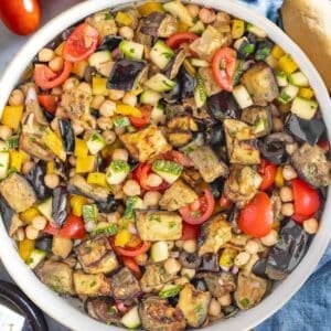 Easy chickpea eggplant salad with honey mustard marinade and roasted vegetables.
