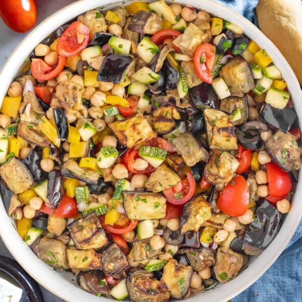 Easy chickpea eggplant salad with honey mustard marinade and roasted vegetables.