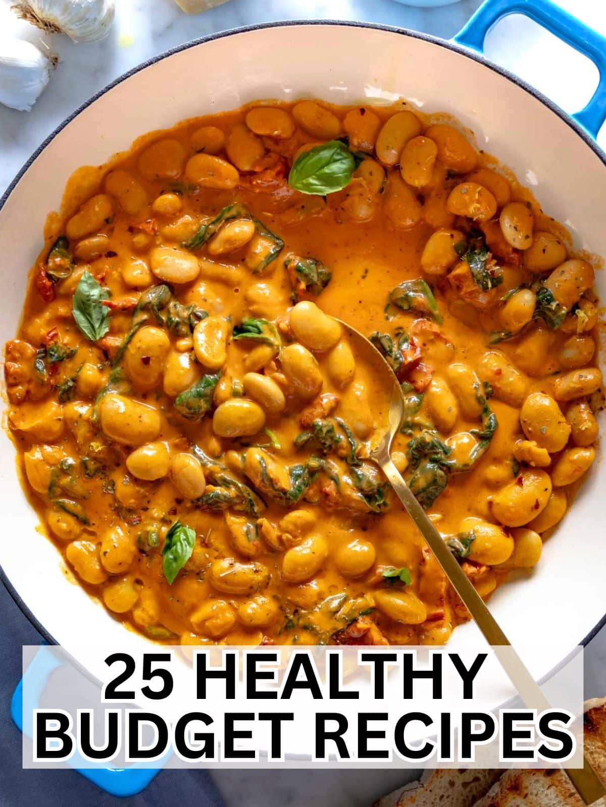 Healthy budget recipes top down photo.
