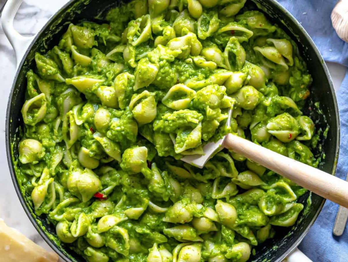 Healthy smashed broccoli pasta creamy without cream with served in a skillet.