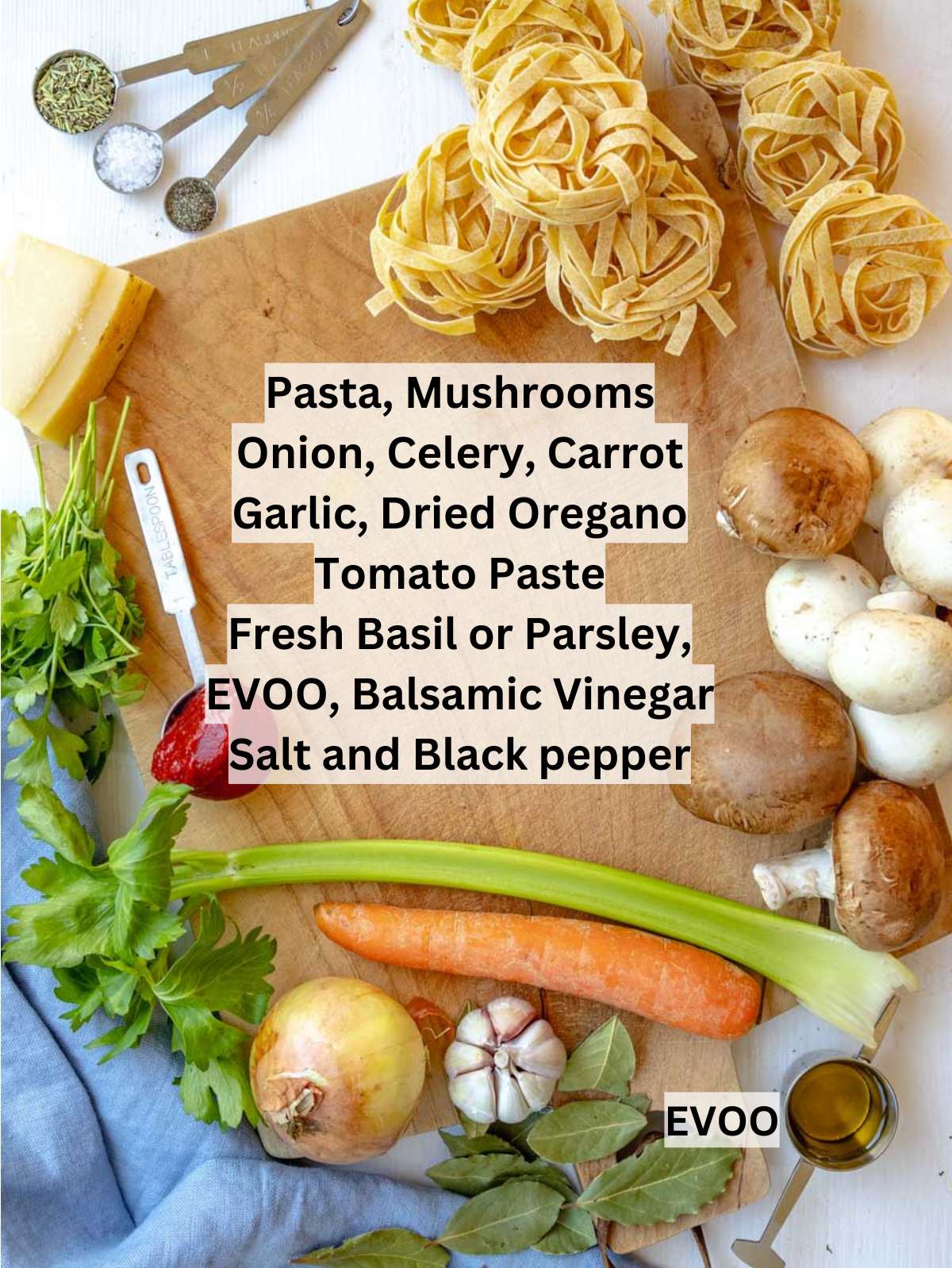 Ingredients for Mediterranean mushroom pasta including mushrooms onion carrot celery garlic and tomato paste.