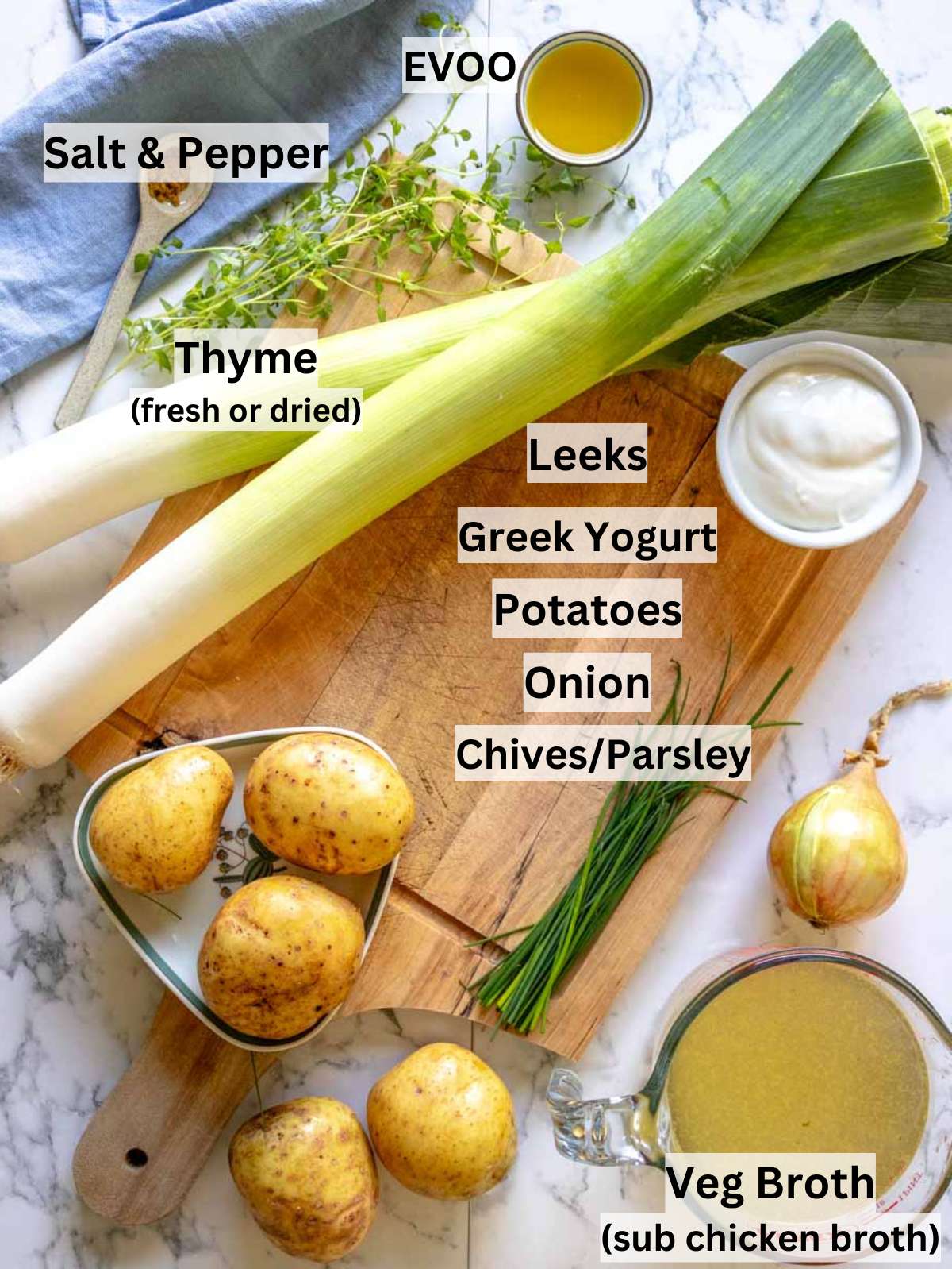 Ingredients for healthy creamy potato soup with leeks potatoes and Greek yogurt.