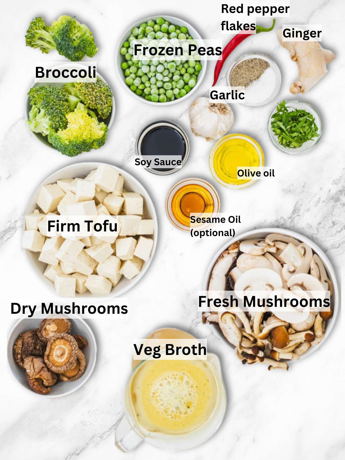 Ingredients for tofu mushroom soup with dried mushrooms tofu broccoli peas garlic ginger and soy sauce.