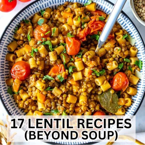 Square top-down photo of ditalini pasta with brown lentils, cherry tomatoes, and herbs in a blue bowl, a hearty one-pot vegetarian lentil dinner with text overlay ‘17 Lentil Ideas Beyond Soup.