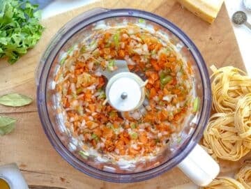 Step 1 Chopped onion carrot celery and garlic ready to cook Mediterranean mushroom pasta ragu base.