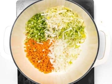 Step 1 Chopped onion carrot celery and garlic with leek sautéing in olive oil for Mediterranean chickpea soup.