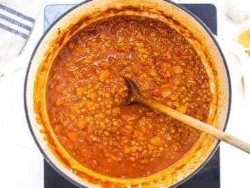 Step 2 Canned lentils crushed tomatoes and broth added to pot simmering into hearty spiced lentil soup.