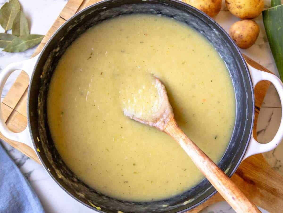 Step 3 Smooth and creamy blended potato soup with Greek yogurt in a pot.