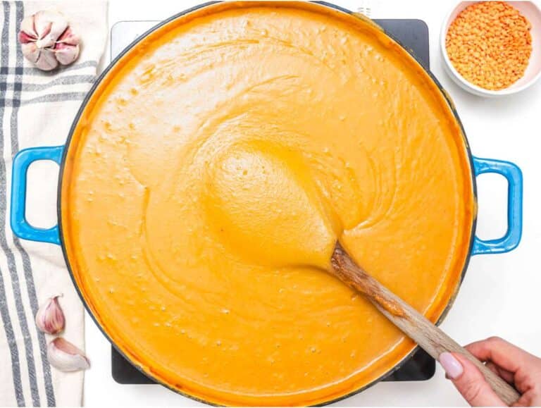 Step 3 blending lentil soup with potatoes until creamy.