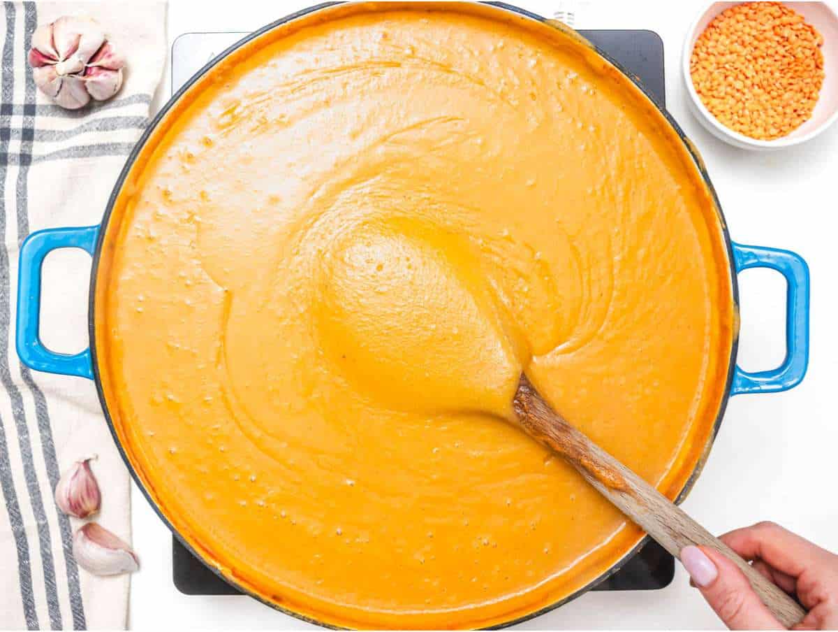 Step 3 blending lentil soup with potatoes until creamy.