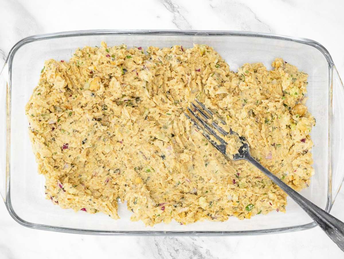 Step 3 – Creamy chickpea salad mixture with yogurt mustard lemon and seasoning.