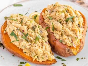 Step 4 — Mashed chickpea salad with Greek yogurt served on microwaved sweet potatoes.