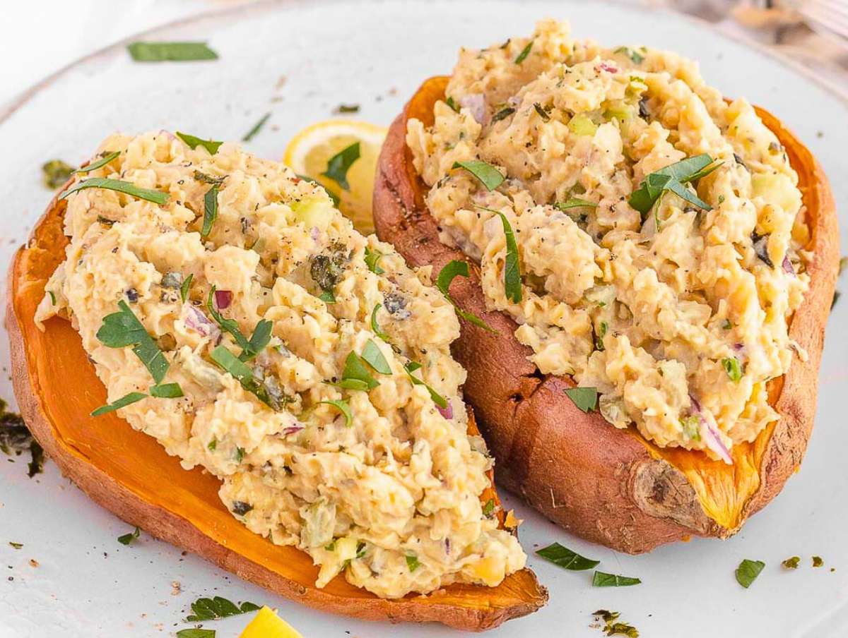 Step 4 — Mashed chickpea salad with Greek yogurt served on microwaved sweet potatoes.