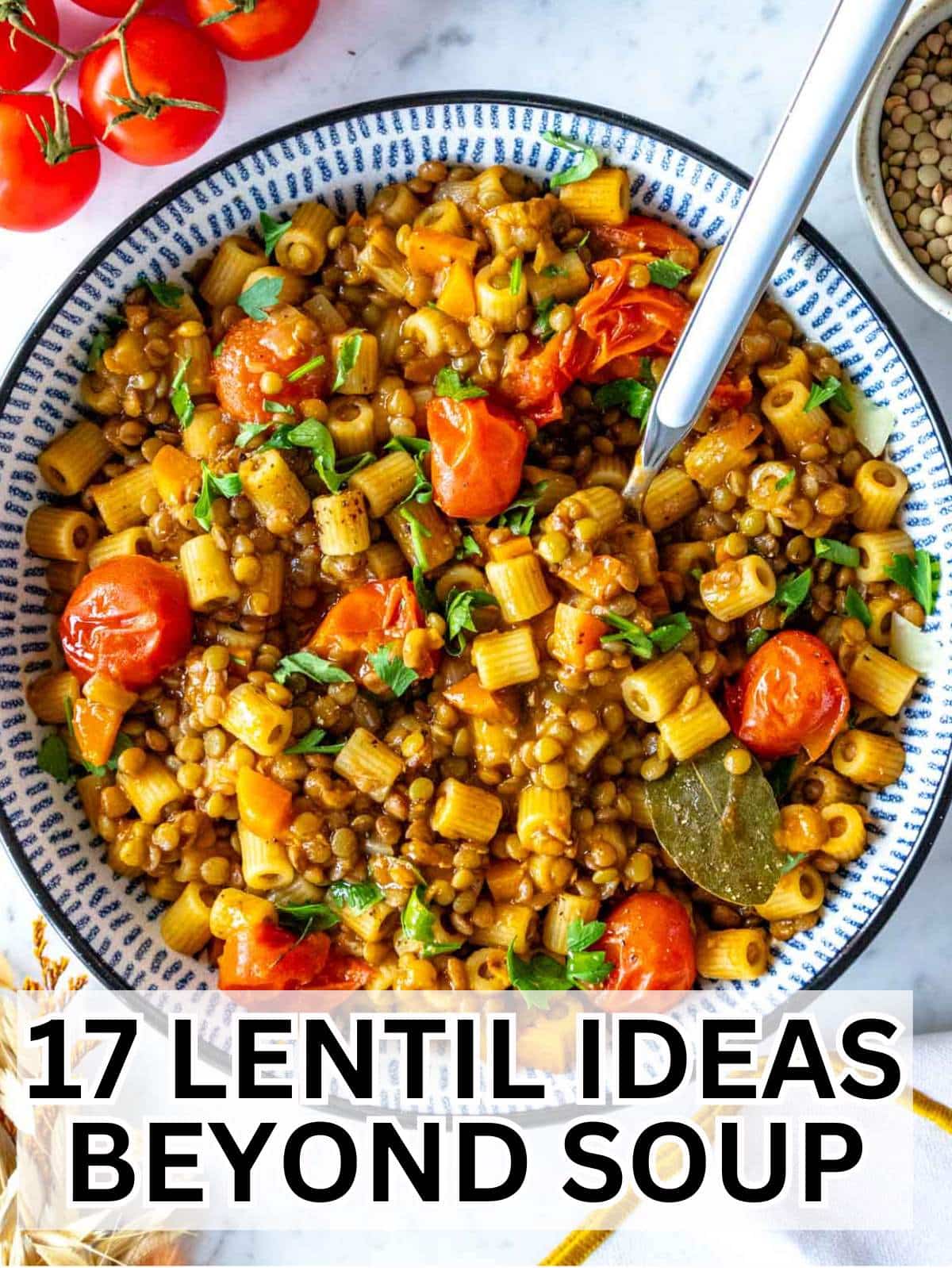 Top-down view of ditalini pasta with brown lentils in a blue bowl, a one-pot vegetarian lentil pasta dinner with text overlay.