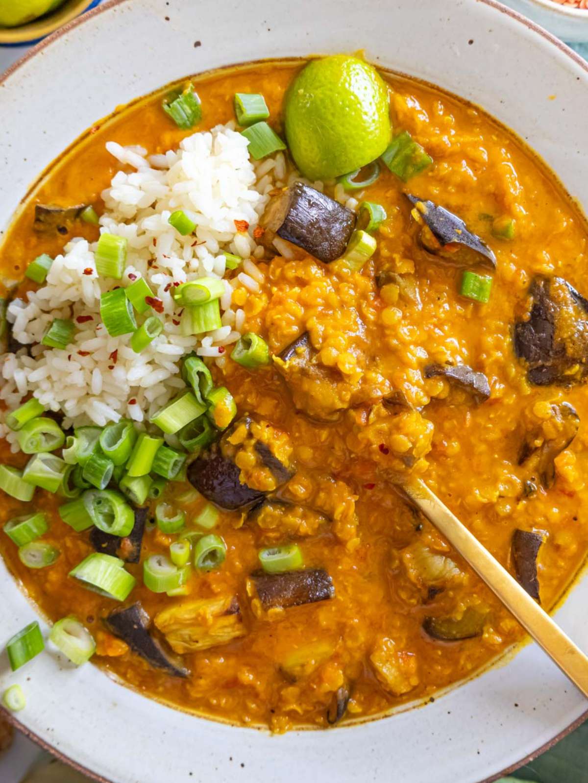 Top down view of hearty one pot lentil and eggplant curry served with rice and lime.