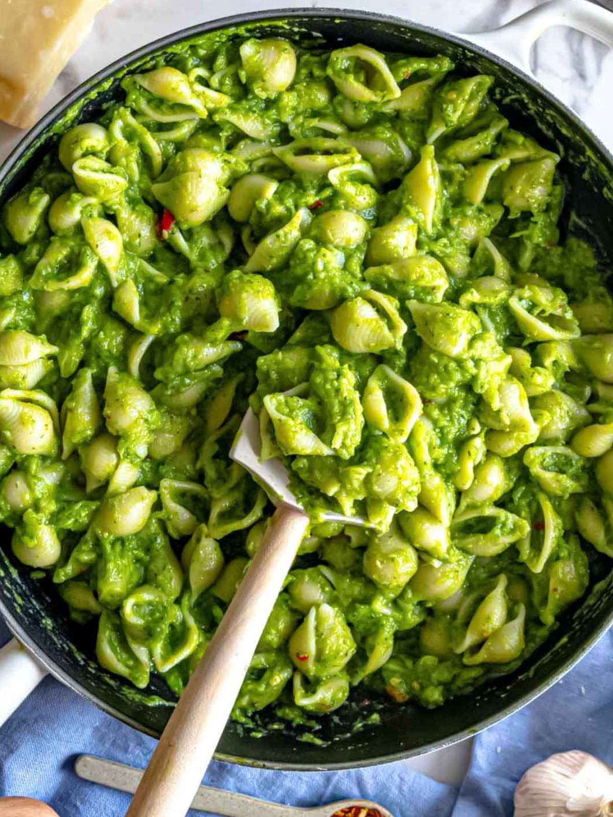 Top down view of smashed broccoli pasta served right from the skillet.