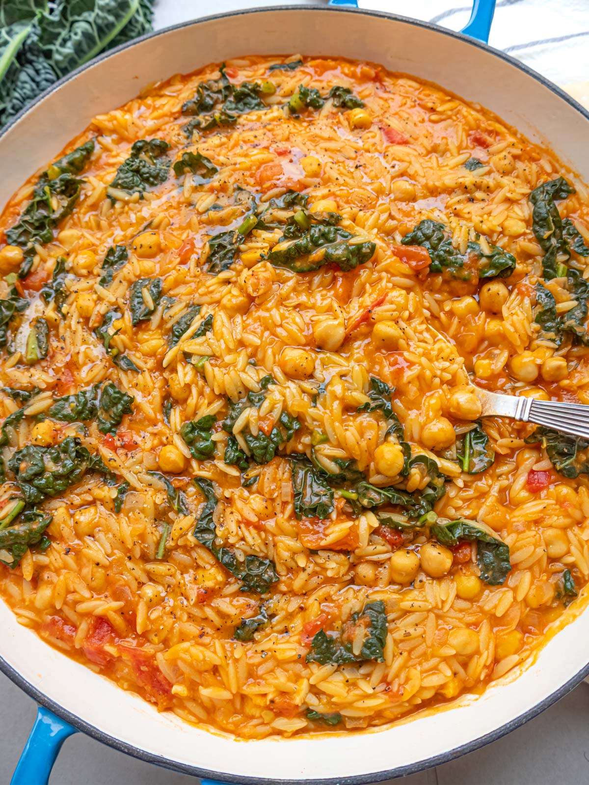 Top view of Tuscan Orzo with Chickpeas and Kale with parmesan.