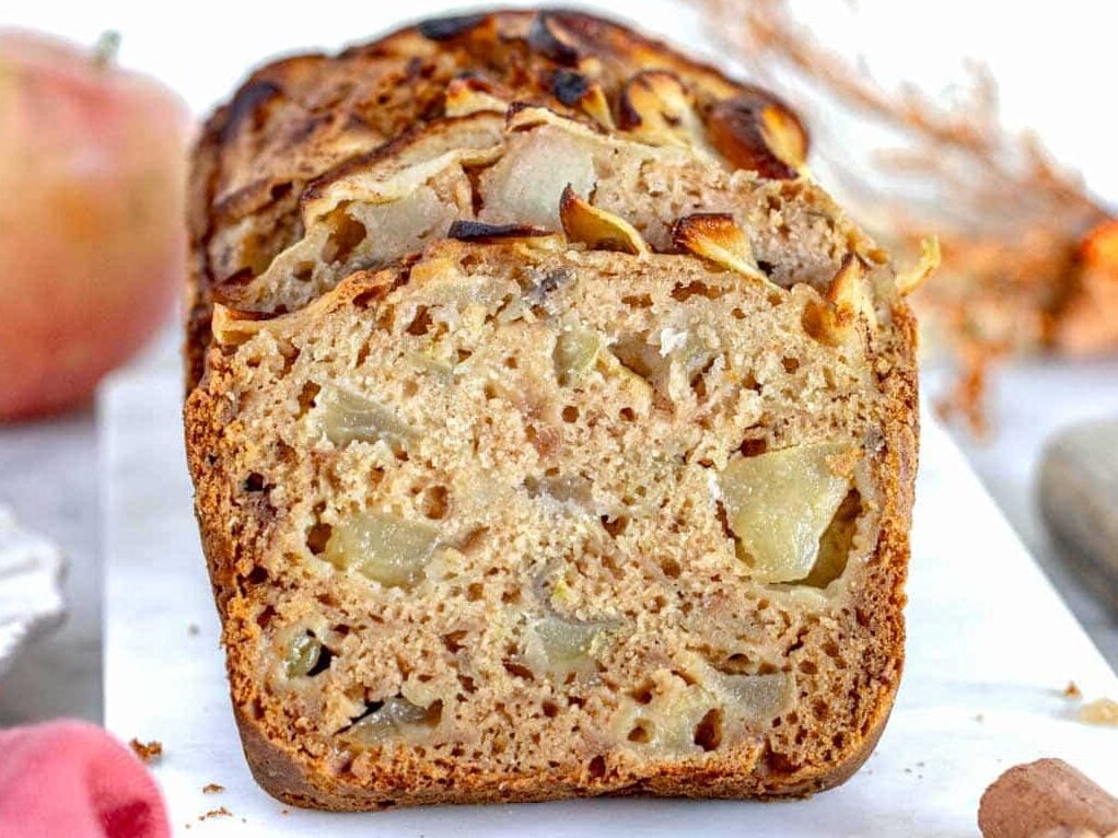 A moist slice of apple bread.