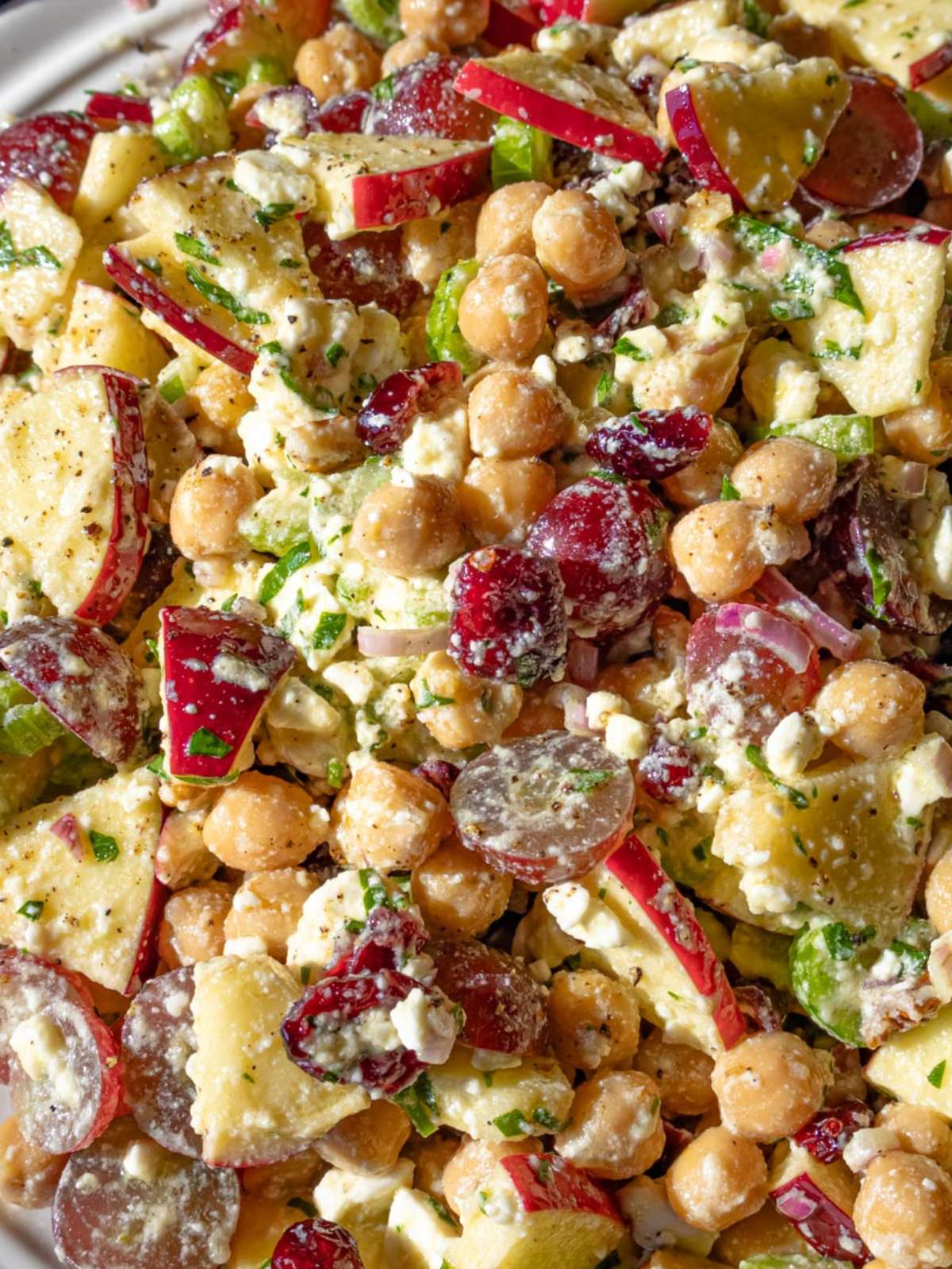 Close up of chickpea cranberry salad with honey feta dressing and fresh herbs.