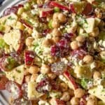 Festive chickpea cranberry salad with honey feta dressing perfect for holidays and family meals.