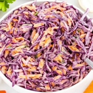 Fresh and creamy Greek Yogurt Cabbage Slaw served in a white bowl on a rustic table.