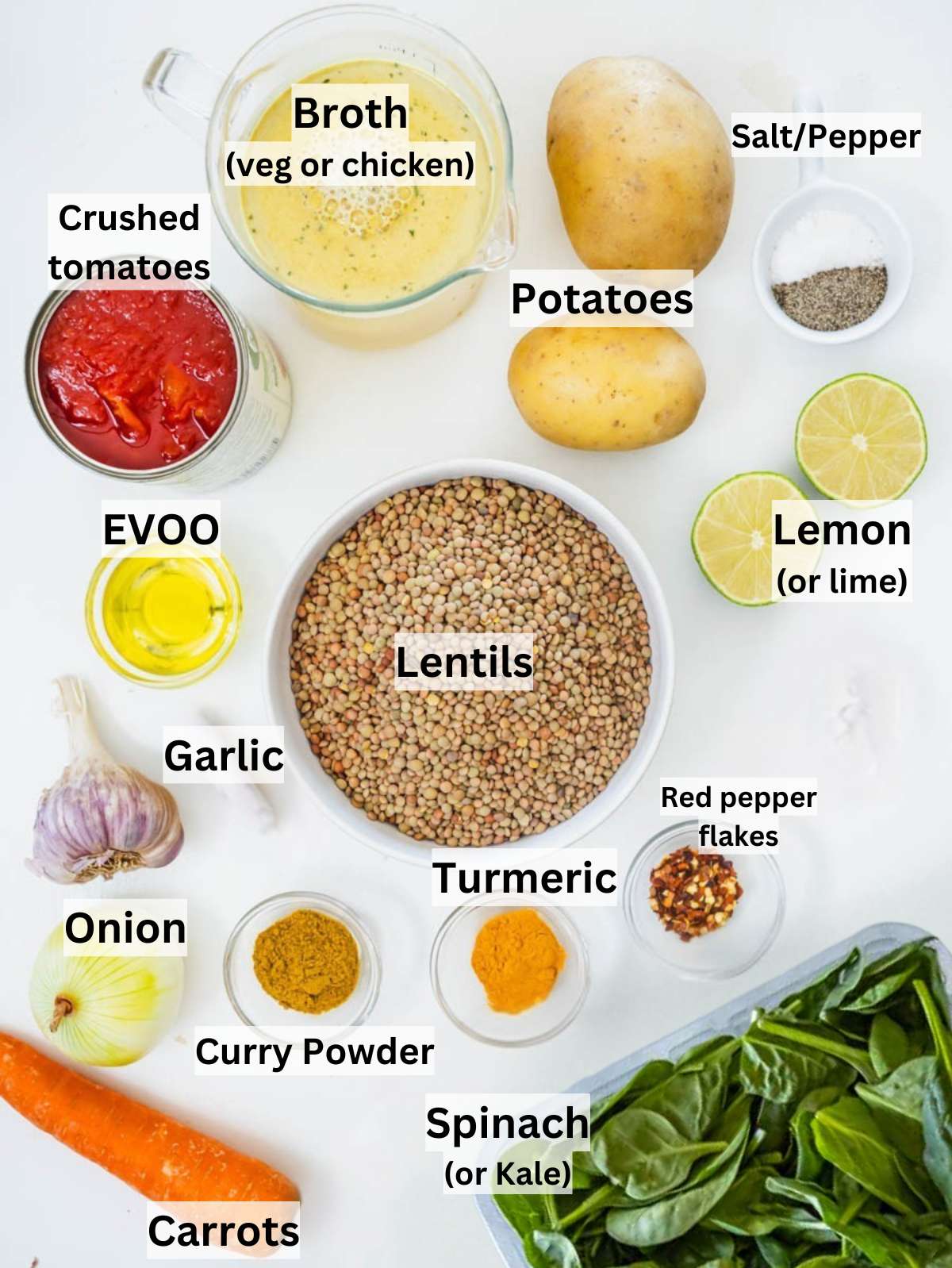 Fresh ingredients for turmeric lentil soup including lentils, carrots, spinach, and potatoes on a table.
