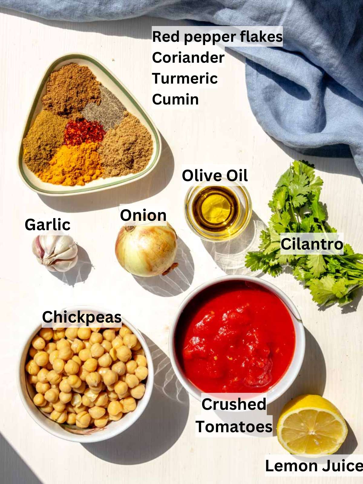 Ingredients for chickpea masala with chickpeas spices onion tomato and fresh herbs arranged neatly.