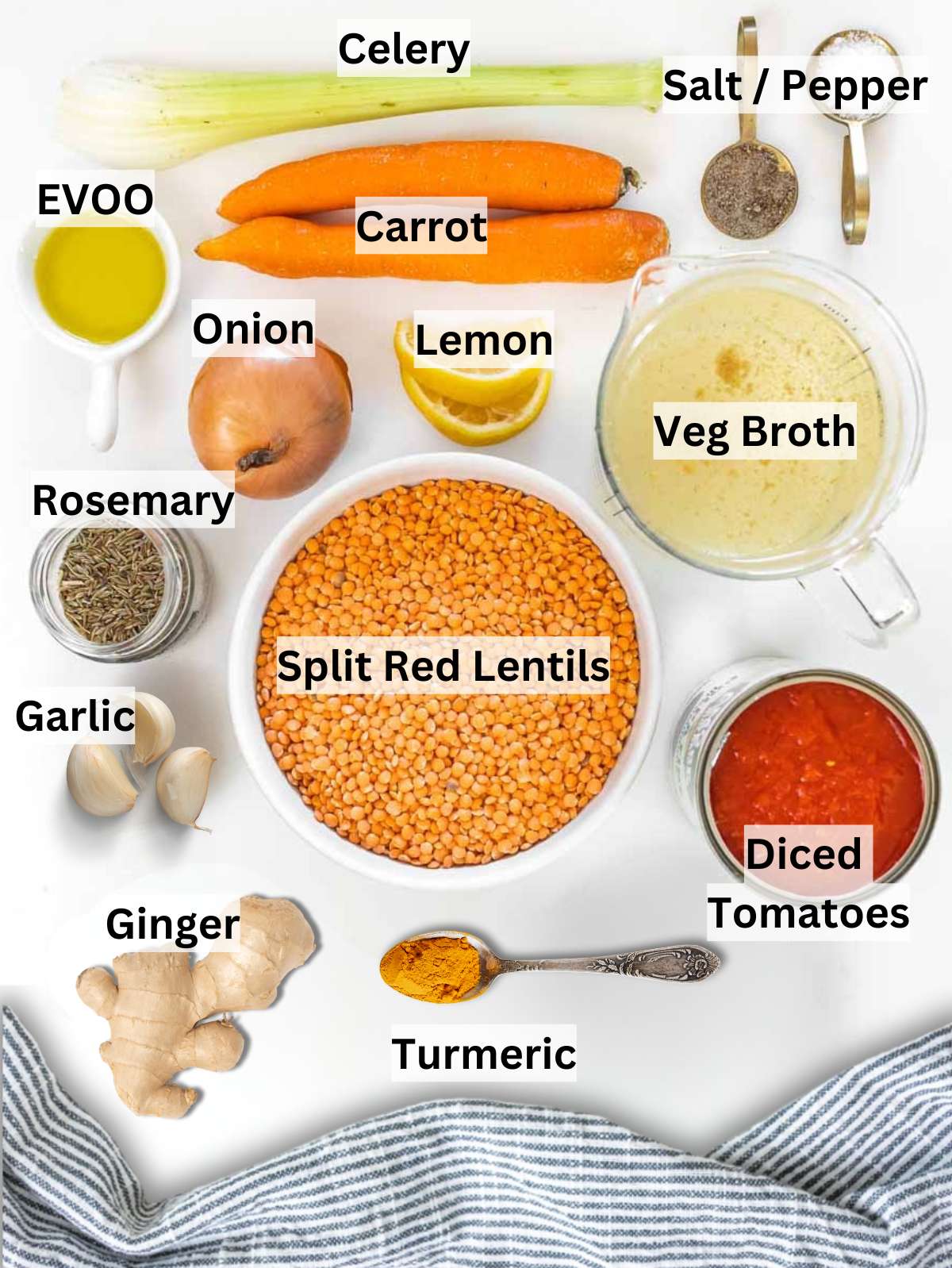 Ingredients for quick lentil soup arranged on a table with lentils, carrots, onion, and spices.