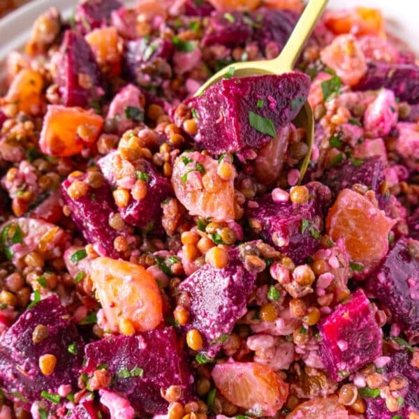 Mediterranean lentil beet salad with creamy feta dressing perfect for holidays or weeknight dinners.