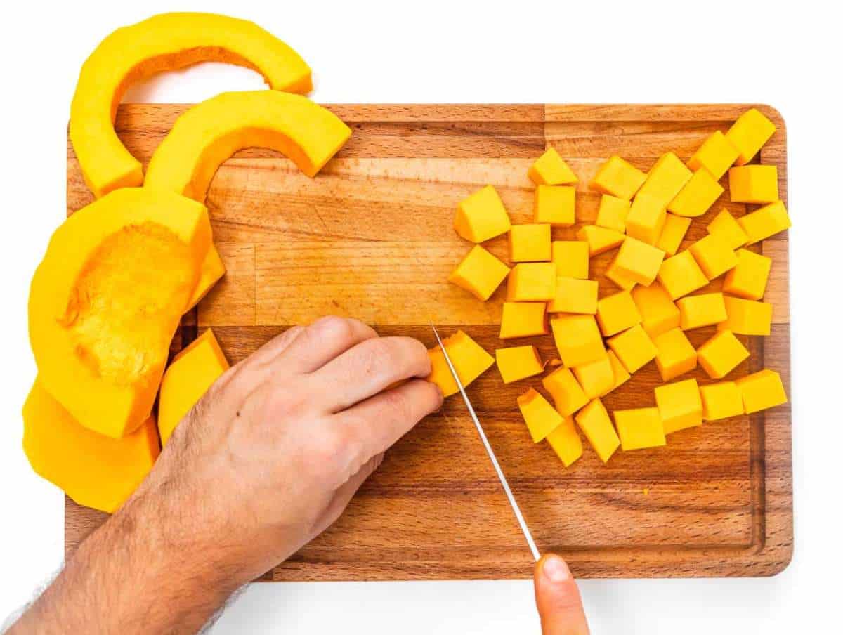 Step 1 Chopped butternut squash ready to cook for butternut squash chickpea curry.
