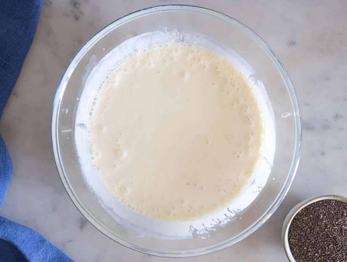Step 1 Mixing Greek yogurt milk honey and vanilla in a bowl to make chia pudding base.