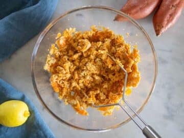 Step 1 – Mashed chickpeas and sweet potato mixture in a large bowl ready to mix.