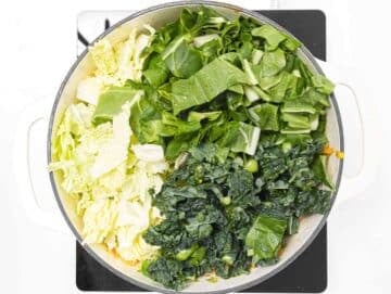 Step 2 Adding chopped cabbage and broth to pot for Mediterranean cabbage bean stew.