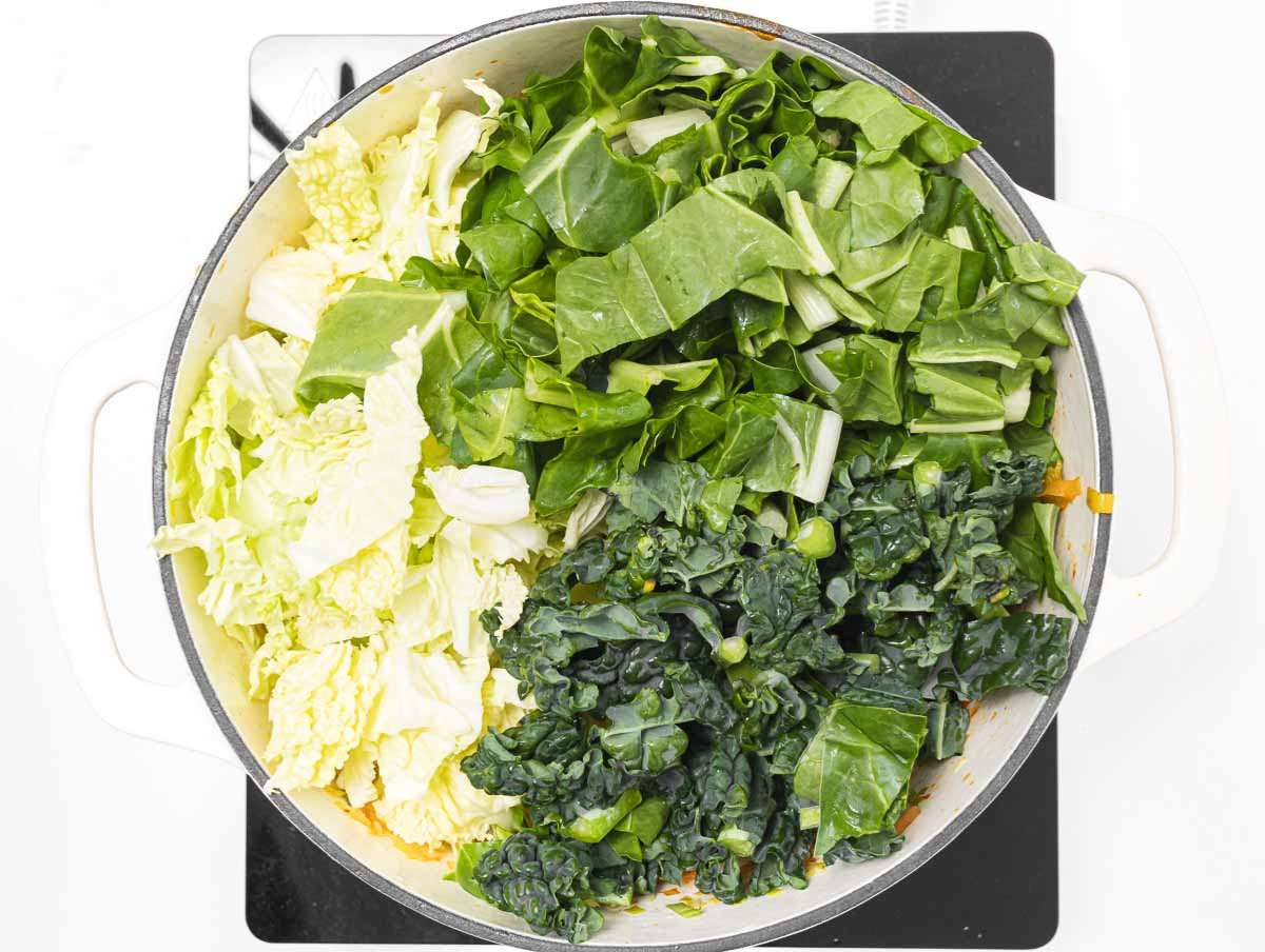 Step 2 Adding chopped cabbage and broth to pot for Mediterranean cabbage bean stew.