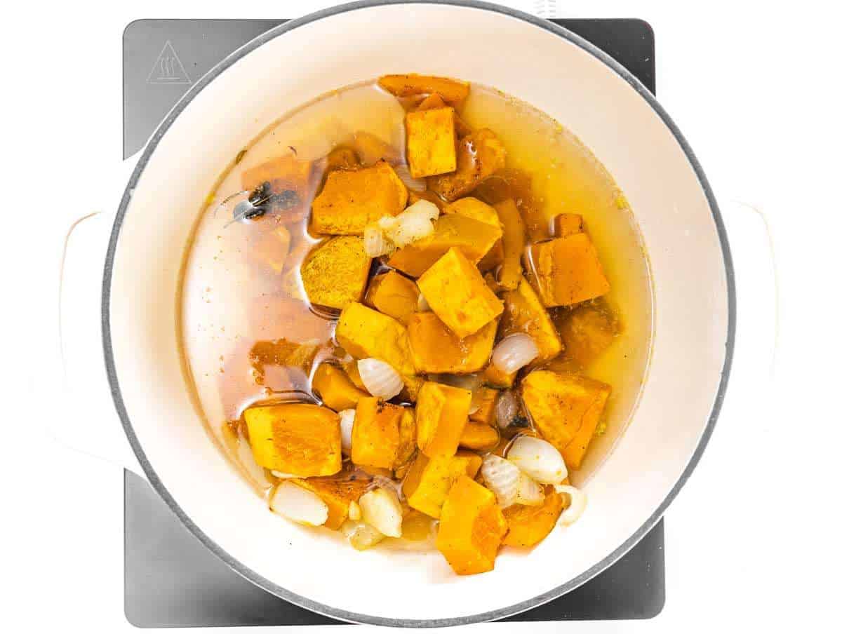 Step 2 Blending roasted pumpkin and vegetables in a pot with hot vegetable broth.
