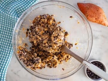 Step 2 Mixing black bean patty ingredients with spatula until combined and thick.