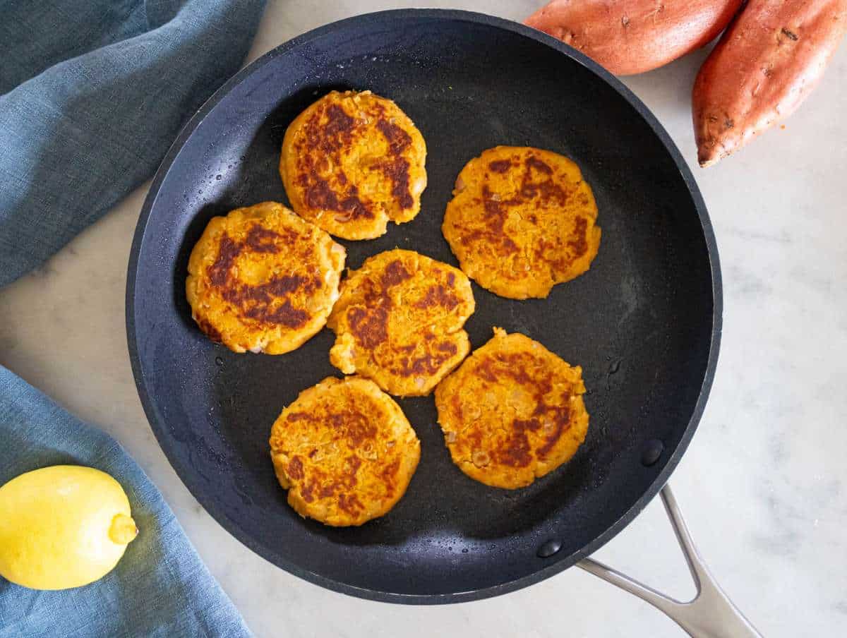 Step 3 – Cooking patties in a skillet until golden and crispy on both sides.