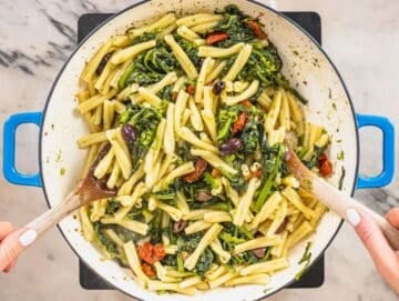 Step 3 Cooked pasta tossed with broccoli rabe olives and sun-dried tomatoes.
