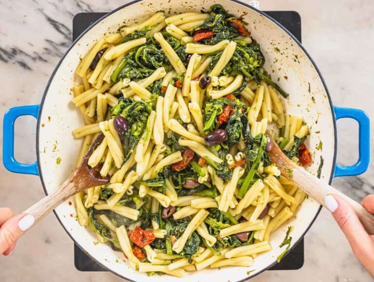 Step 3 Cooked pasta tossed with broccoli rabe olives and sun-dried tomatoes.
