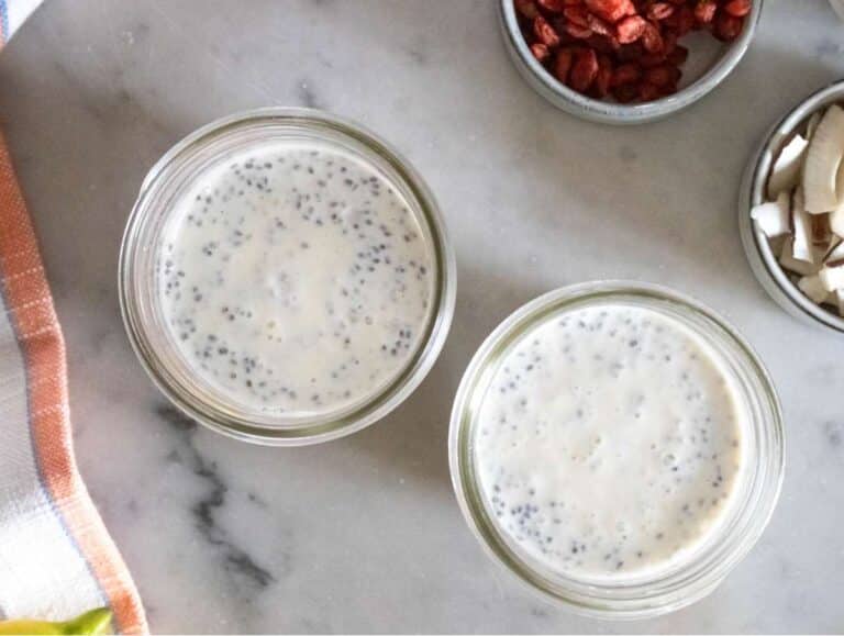 Step 3 Thickened Greek yogurt chia pudding in jar after chilling overnight ready to serve.
