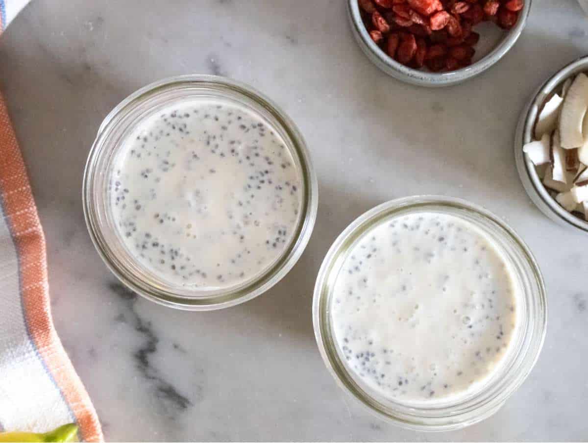 Step 3 Thickened Greek yogurt chia pudding in jar after chilling overnight ready to serve.