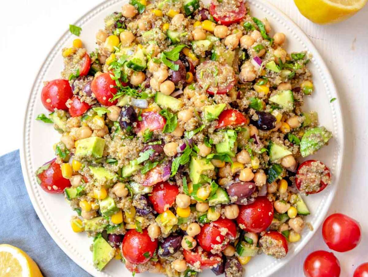Step 4 Mediterranean quinoa salad with life changing marinade served on a platter.