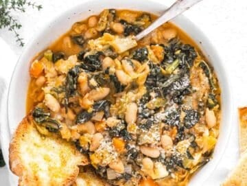 Step 4 Serving Mediterranean cabbage bean stew with toasted bread parmesan and drizzle of olive oil.