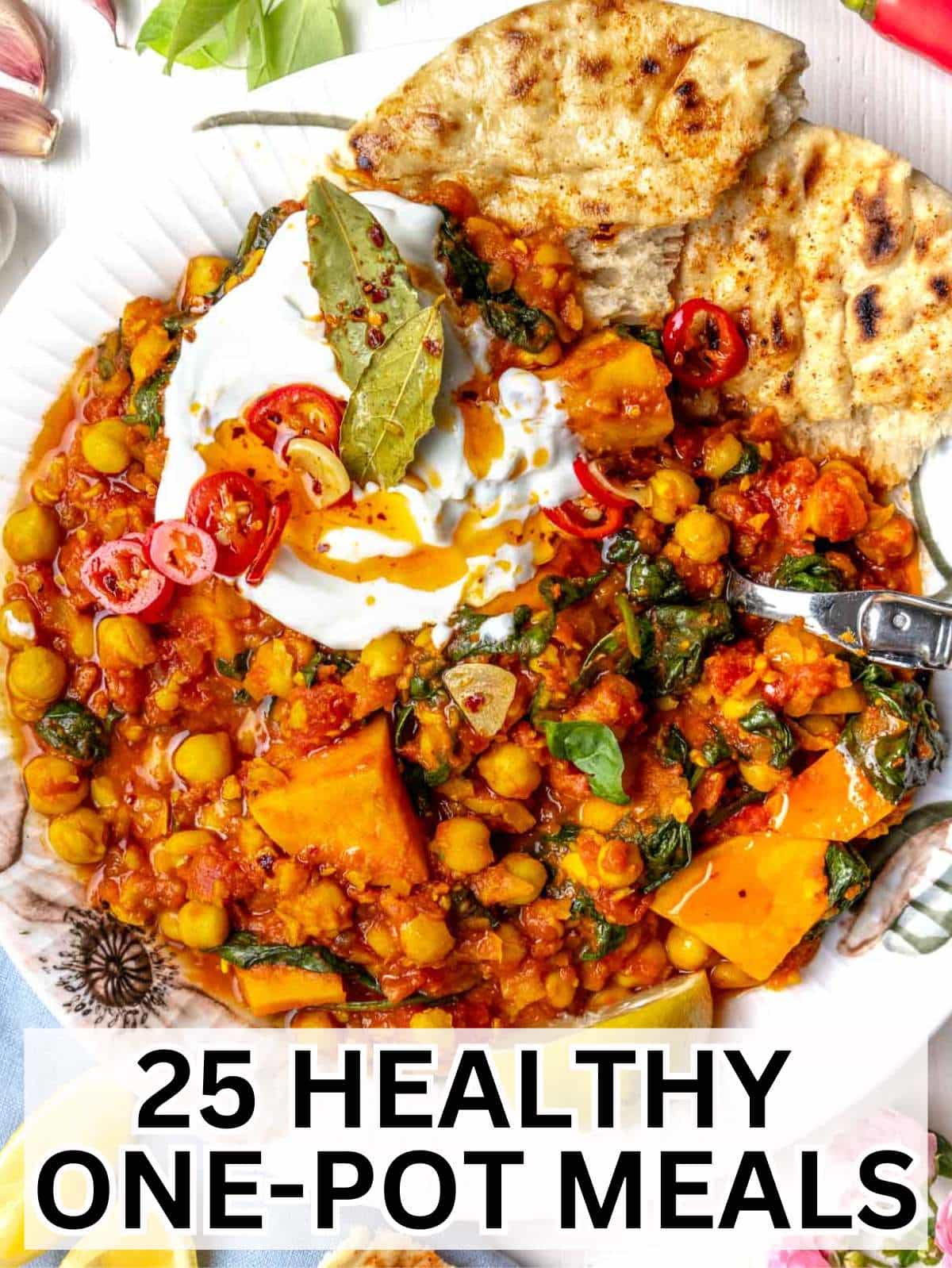 Top down photo of healthy one-pot recipes with chickpea stew.