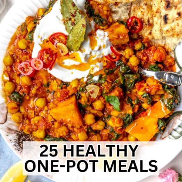 Top down photo of healthy one-pot recipes with cozy chickpea stew.